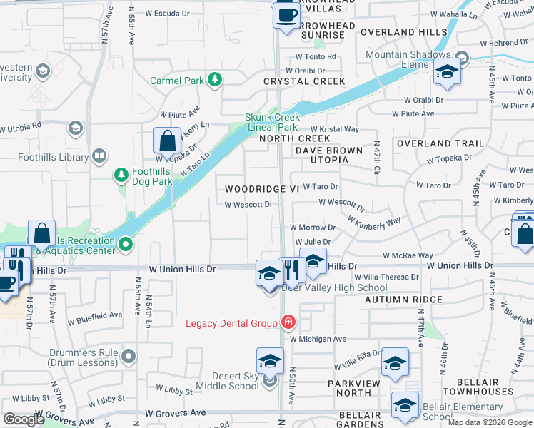 map of restaurants, bars, coffee shops, grocery stores, and more near 18838 North 51st Drive in Glendale