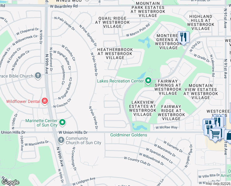 map of restaurants, bars, coffee shops, grocery stores, and more near 19094 North 97th Lane in Peoria