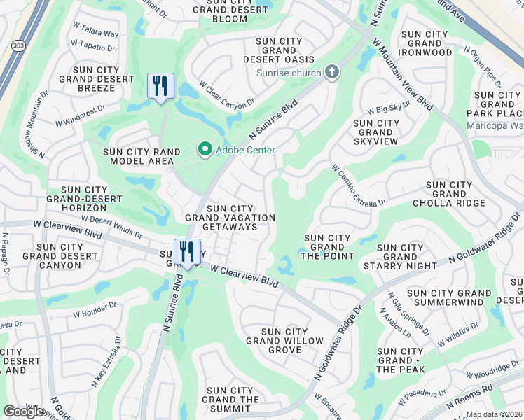 map of restaurants, bars, coffee shops, grocery stores, and more near 19610 North Rim Drive in Surprise