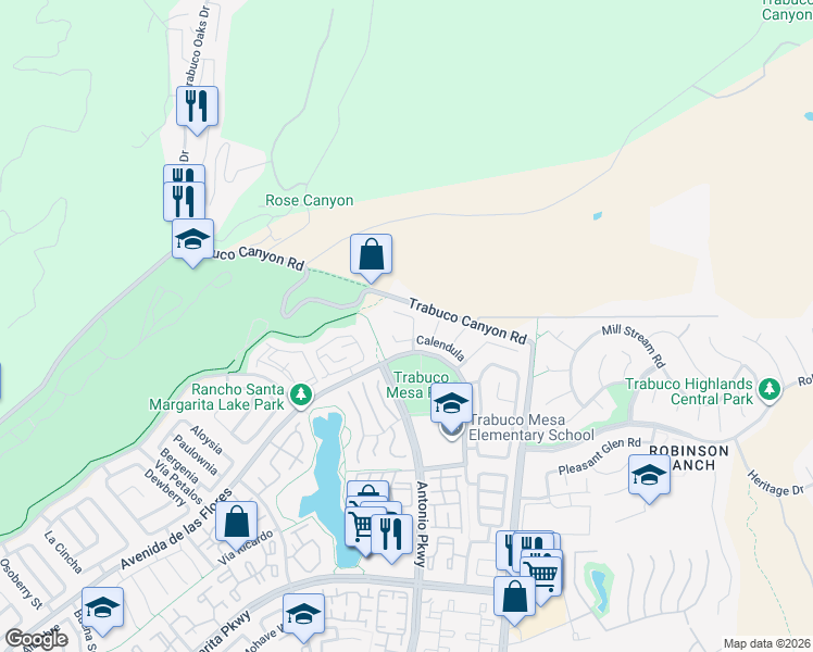 map of restaurants, bars, coffee shops, grocery stores, and more near 1 Calendula in Rancho Santa Margarita