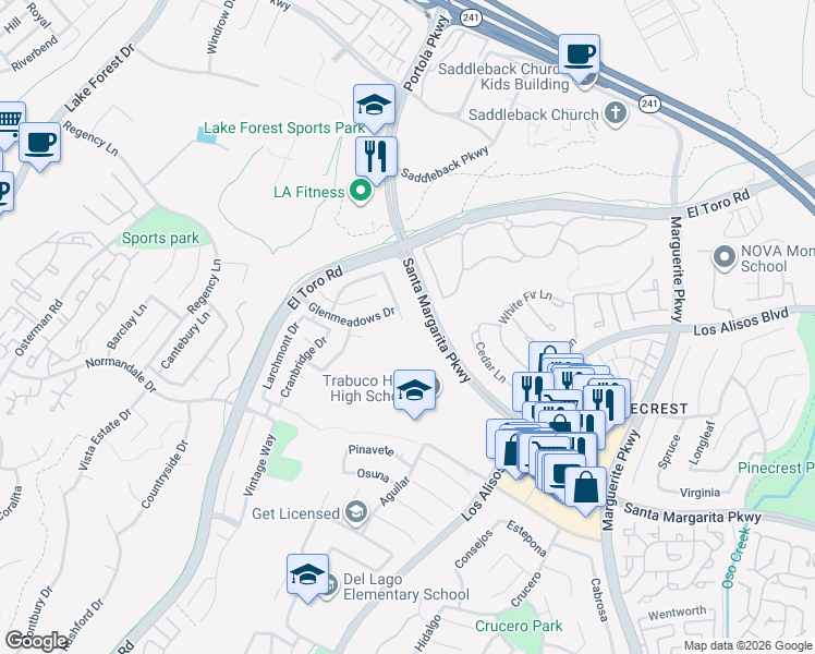 map of restaurants, bars, coffee shops, grocery stores, and more near 21022 North Hampton Way in Lake Forest