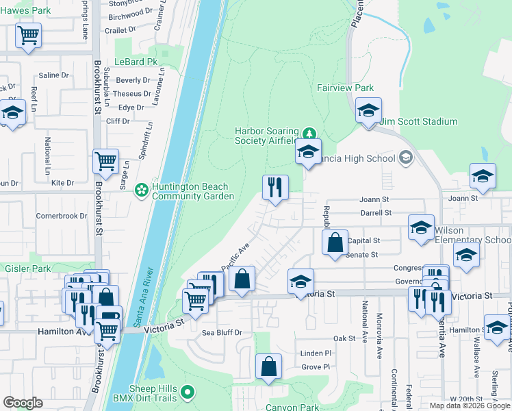 map of restaurants, bars, coffee shops, grocery stores, and more near 2271 Pacific Avenue in Costa Mesa