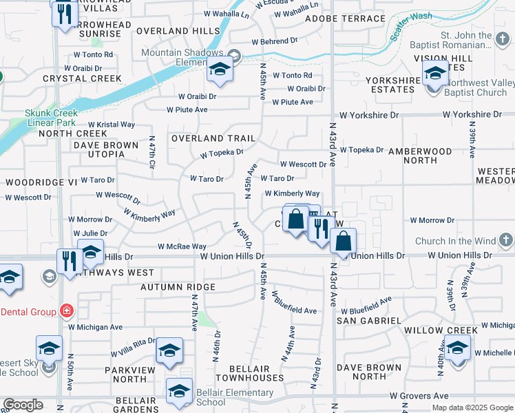 map of restaurants, bars, coffee shops, grocery stores, and more near 18806 North 44th Drive in Glendale