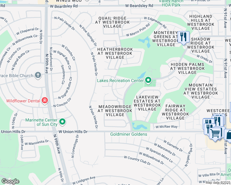 map of restaurants, bars, coffee shops, grocery stores, and more near 19094 North 97th Lane in Peoria
