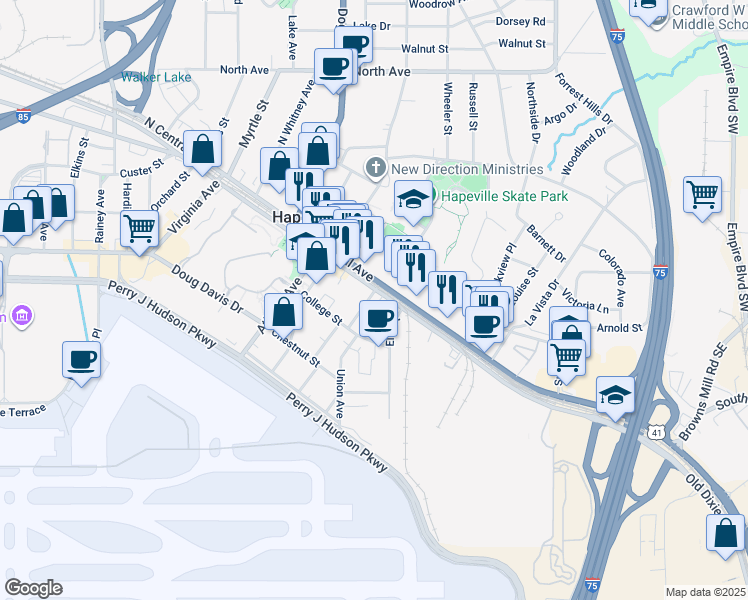 map of restaurants, bars, coffee shops, grocery stores, and more near 2 Porsche Avenue in Hapeville