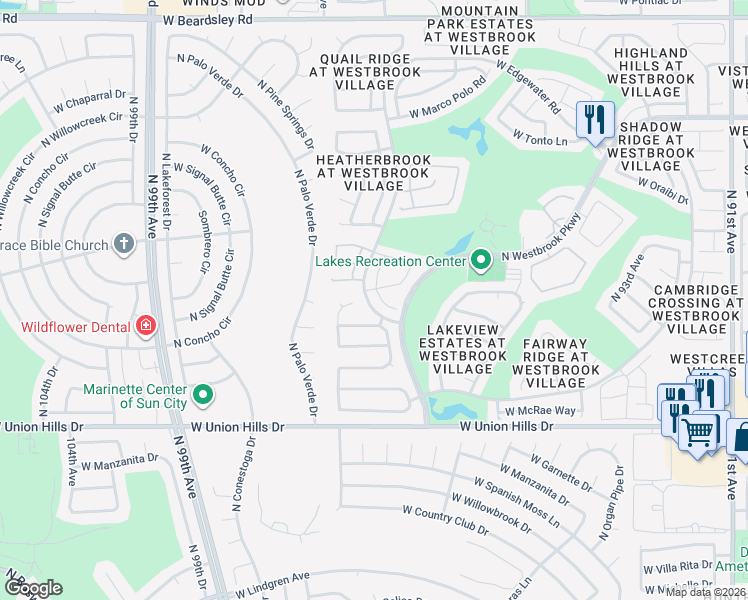 map of restaurants, bars, coffee shops, grocery stores, and more near 19094 North 97th Lane in Peoria