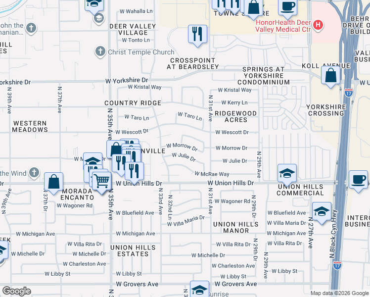 map of restaurants, bars, coffee shops, grocery stores, and more near 3151 W Morrow Dr in Phoenix