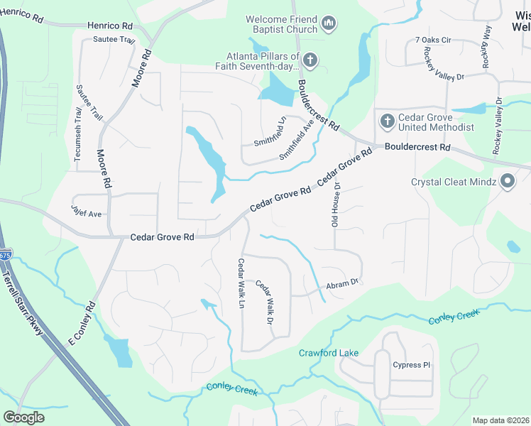 map of restaurants, bars, coffee shops, grocery stores, and more near 4167 Cedar Commons Way in Conley