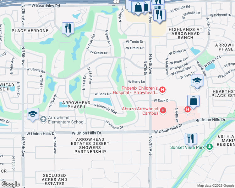 map of restaurants, bars, coffee shops, grocery stores, and more near 18899 North 69th Avenue in Glendale