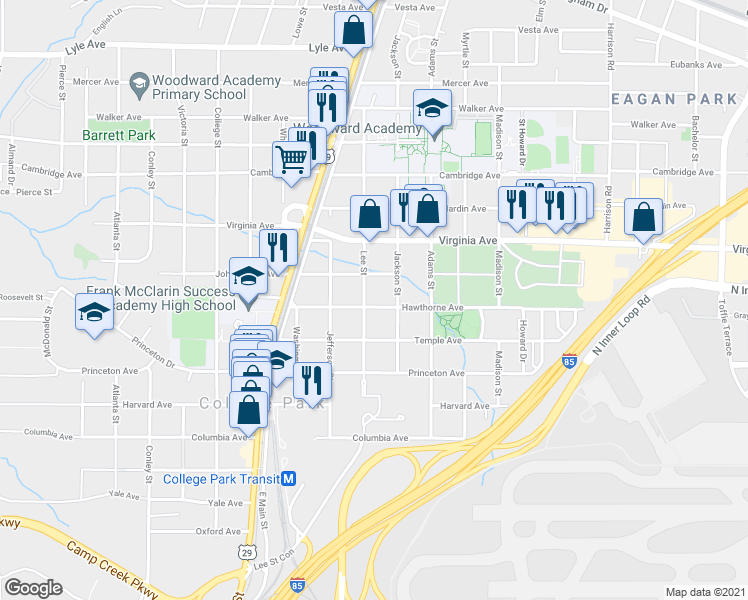 map of restaurants, bars, coffee shops, grocery stores, and more near 1701 Hawthorne Avenue in College Park