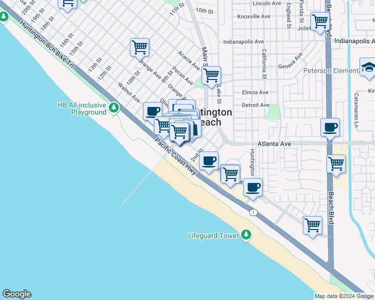 map of restaurants, bars, coffee shops, grocery stores, and more near 200 Pacific Coast Highway in Huntington Beach