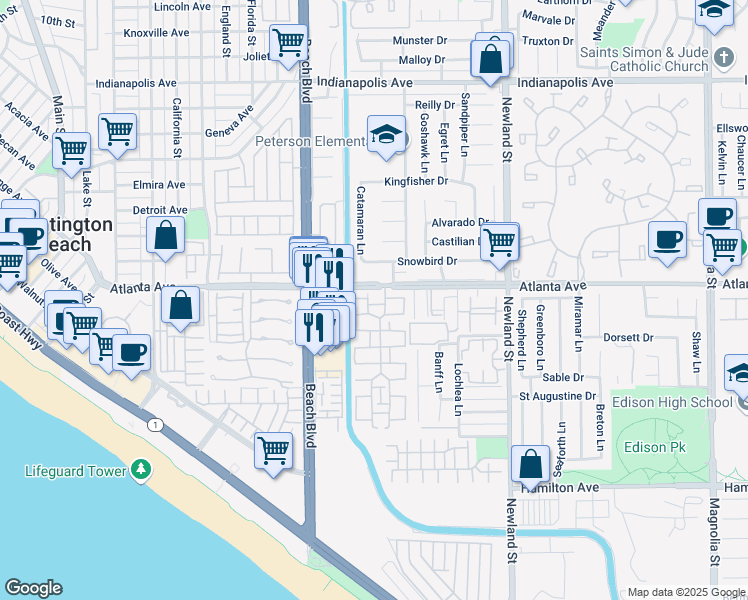 map of restaurants, bars, coffee shops, grocery stores, and more near 8155 Whitestone Drive in Huntington Beach