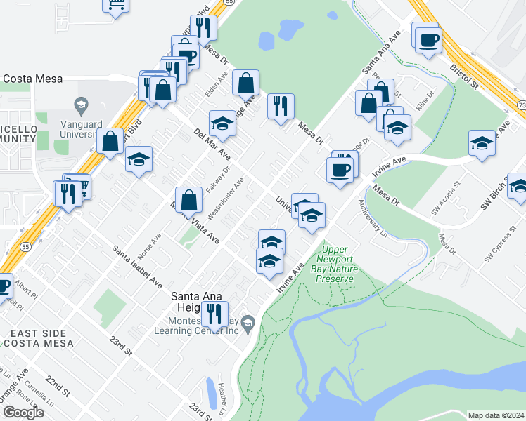 map of restaurants, bars, coffee shops, grocery stores, and more near 308 Alta Lane in Costa Mesa