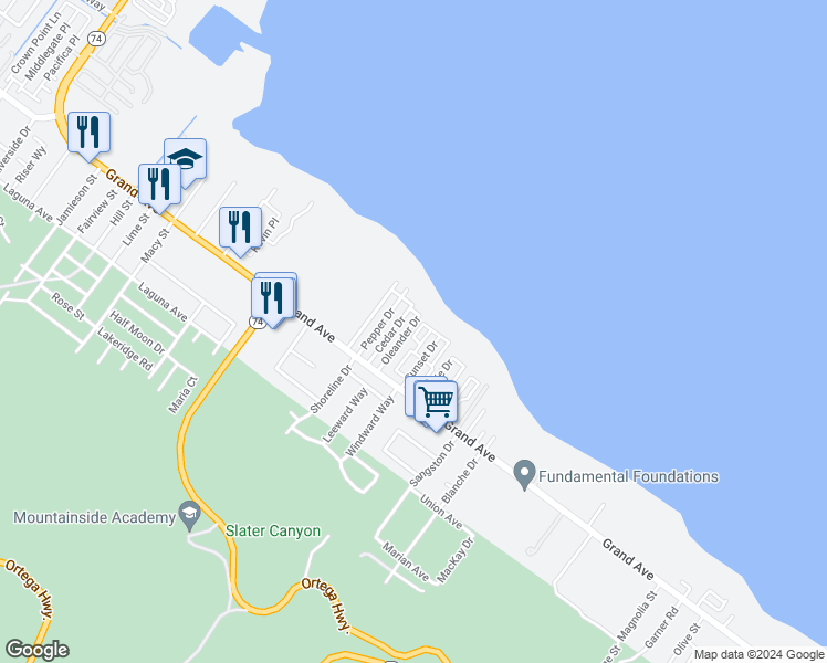 map of restaurants, bars, coffee shops, grocery stores, and more near 32880 Oleander Drive in Lake Elsinore