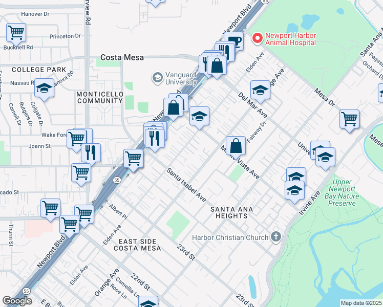 map of restaurants, bars, coffee shops, grocery stores, and more near 2450 Elden Avenue in Costa Mesa