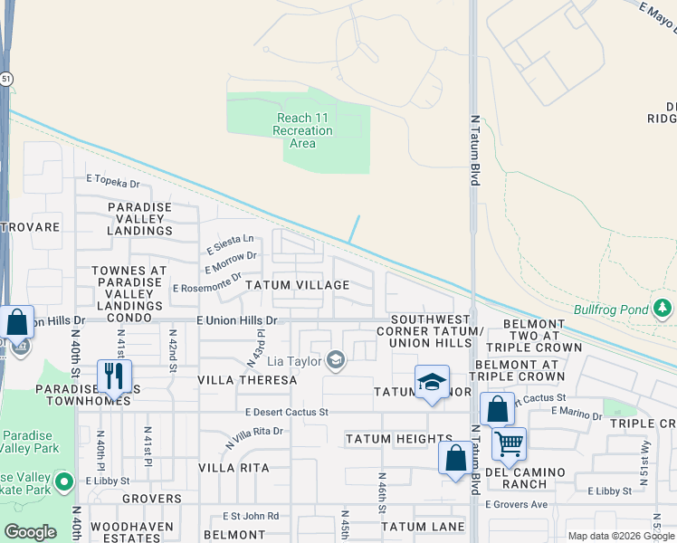 map of restaurants, bars, coffee shops, grocery stores, and more near 18807 North 44th Place in Phoenix