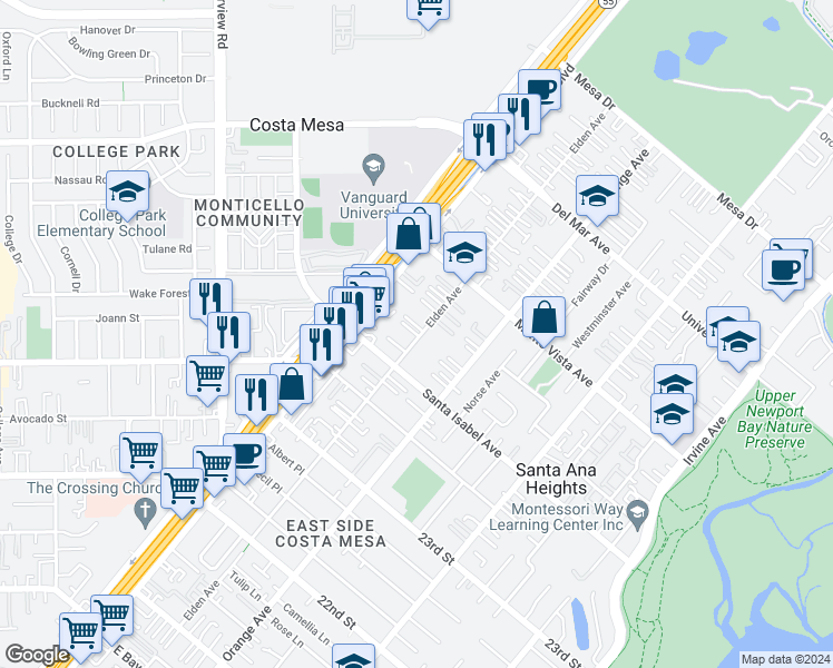 map of restaurants, bars, coffee shops, grocery stores, and more near 2441 Elden Avenue in Costa Mesa