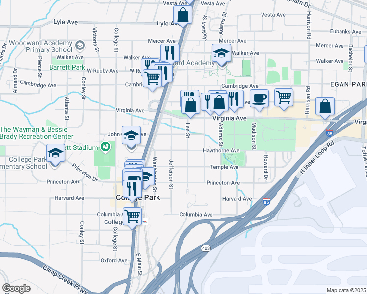 map of restaurants, bars, coffee shops, grocery stores, and more near 1727 Hawthorne Avenue in College Park