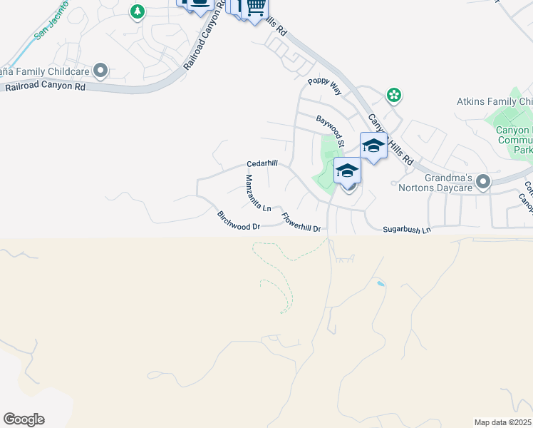 map of restaurants, bars, coffee shops, grocery stores, and more near 31927 Manzanita Lane in Lake Elsinore