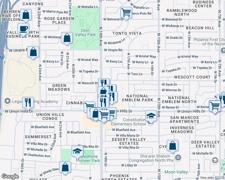 map of restaurants, bars, coffee shops, grocery stores, and more near 18811 North 19th Avenue in Phoenix