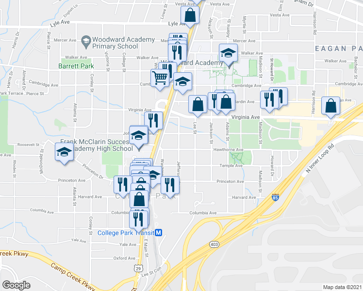 map of restaurants, bars, coffee shops, grocery stores, and more near 1727 Hawthorne Avenue in College Park