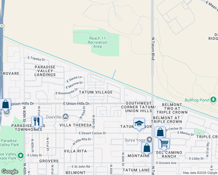 map of restaurants, bars, coffee shops, grocery stores, and more near 18807 North 44th Place in Phoenix