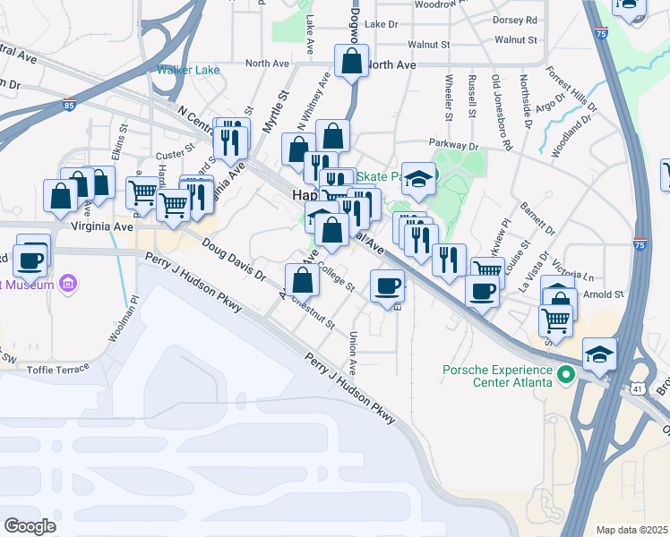 map of restaurants, bars, coffee shops, grocery stores, and more near 627 College Street in Hapeville