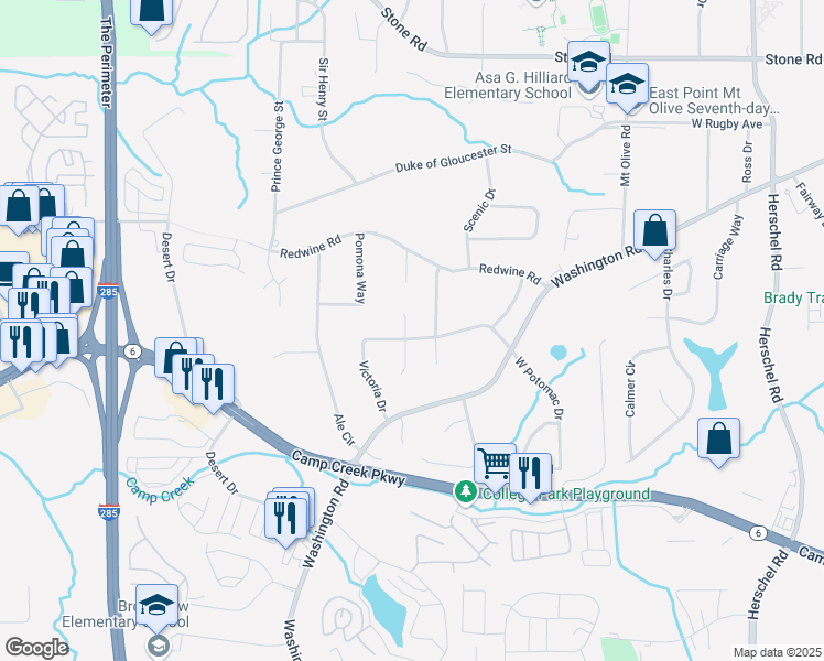 map of restaurants, bars, coffee shops, grocery stores, and more near 3612 Potomac Court in East Point