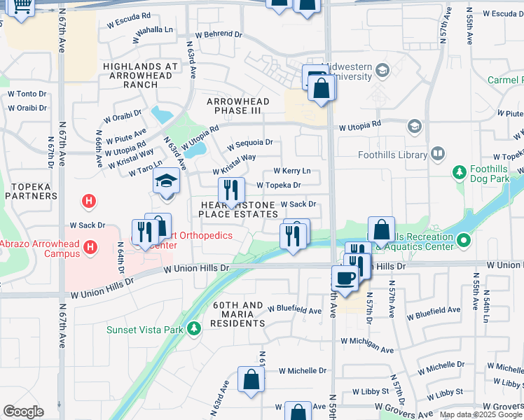 map of restaurants, bars, coffee shops, grocery stores, and more near 6106 West Kimberly Way in Glendale