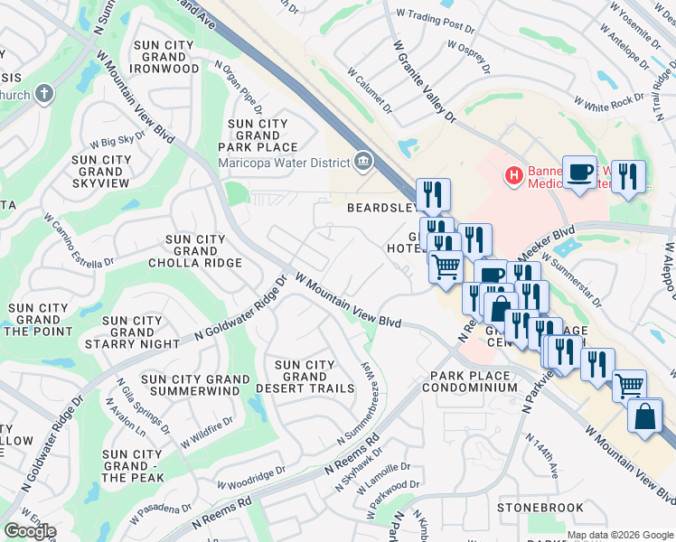 map of restaurants, bars, coffee shops, grocery stores, and more near 14950 West Mountain View Boulevard in Surprise