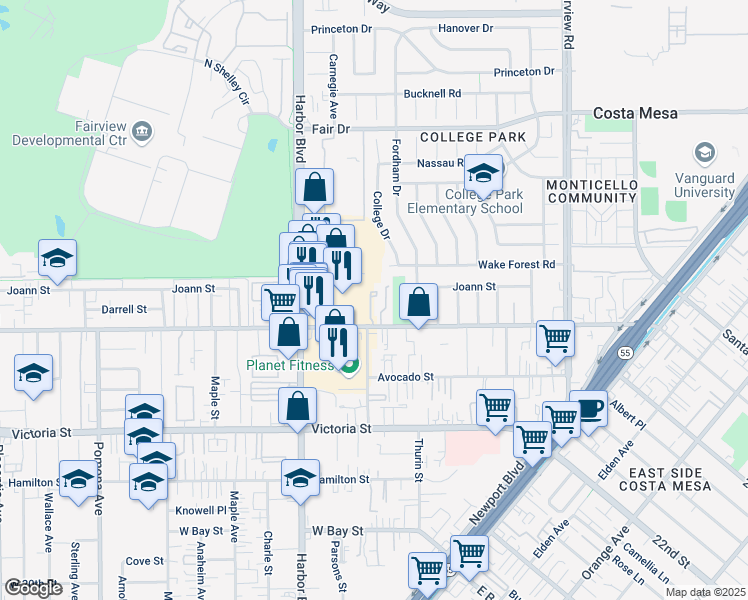 map of restaurants, bars, coffee shops, grocery stores, and more near 398 West Wilson Street in Costa Mesa