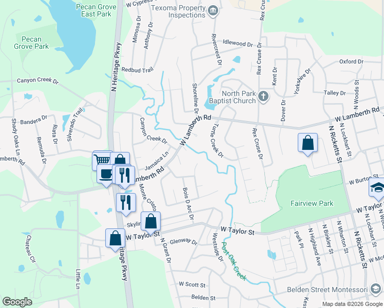 map of restaurants, bars, coffee shops, grocery stores, and more near 1710 West Lamberth Road in Sherman