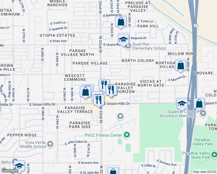 map of restaurants, bars, coffee shops, grocery stores, and more near 3225 East Rosemonte Drive in Phoenix
