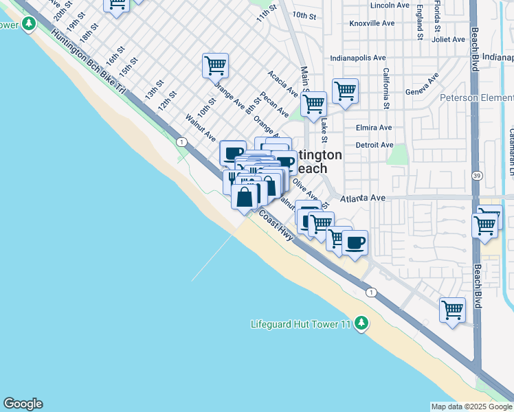map of restaurants, bars, coffee shops, grocery stores, and more near Pacific Coast Highway & Main Street in Huntington Beach