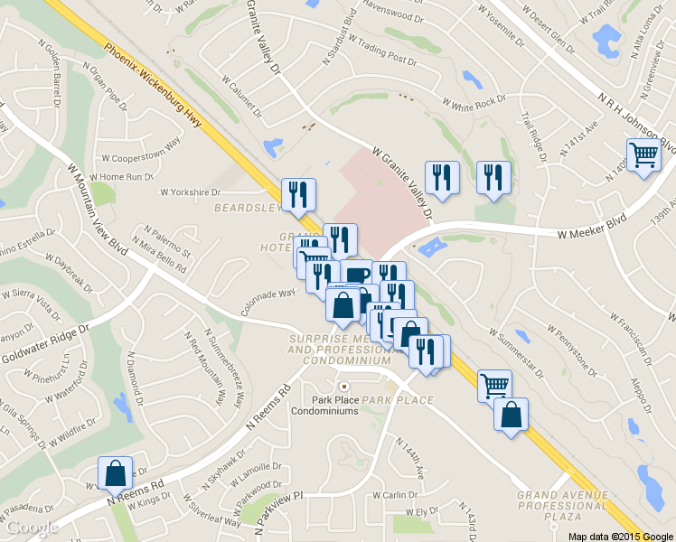 map of restaurants, bars, coffee shops, grocery stores, and more near 14553 W Grand Ave in Surprise