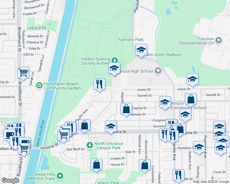 map of restaurants, bars, coffee shops, grocery stores, and more near 994 Trabuco Circle in Costa Mesa