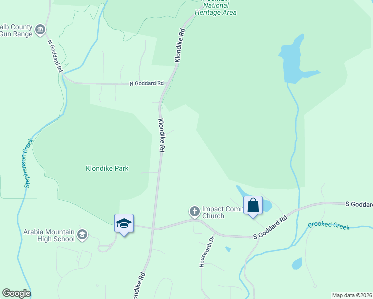 map of restaurants, bars, coffee shops, grocery stores, and more near 4264 Klondike Road in Stonecrest