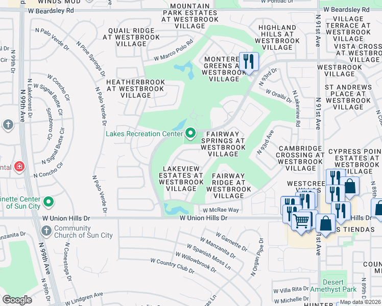 map of restaurants, bars, coffee shops, grocery stores, and more near 9646 West Wescott Drive in Peoria