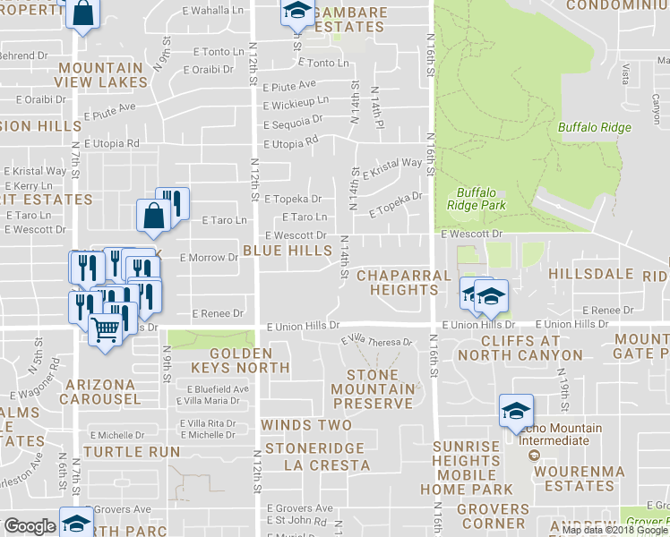 map of restaurants, bars, coffee shops, grocery stores, and more near 1339 East Rosemonte Drive in Phoenix