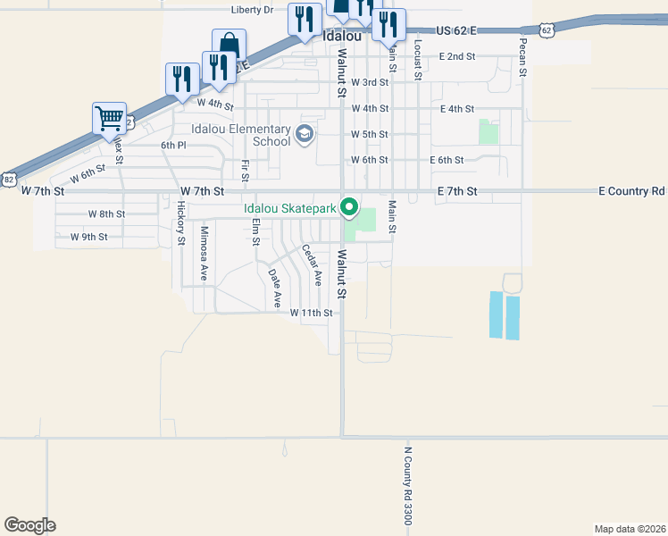 map of restaurants, bars, coffee shops, grocery stores, and more near 1010 10th Pl in Idalou