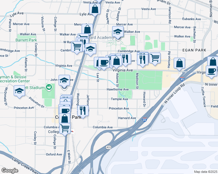 map of restaurants, bars, coffee shops, grocery stores, and more near 1695 Hawthorne Avenue in College Park