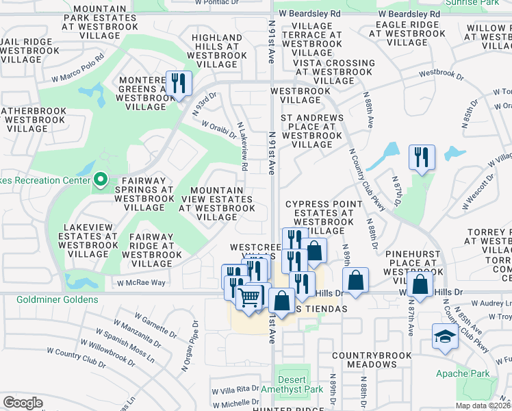 map of restaurants, bars, coffee shops, grocery stores, and more near 19012 North 91st Drive in Peoria