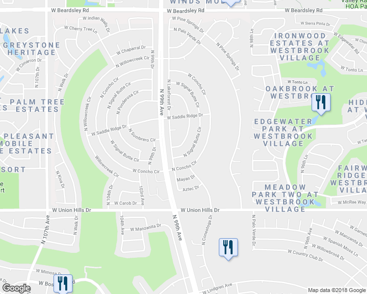 map of restaurants, bars, coffee shops, grocery stores, and more near 19025 Sombrero Circle in Sun City