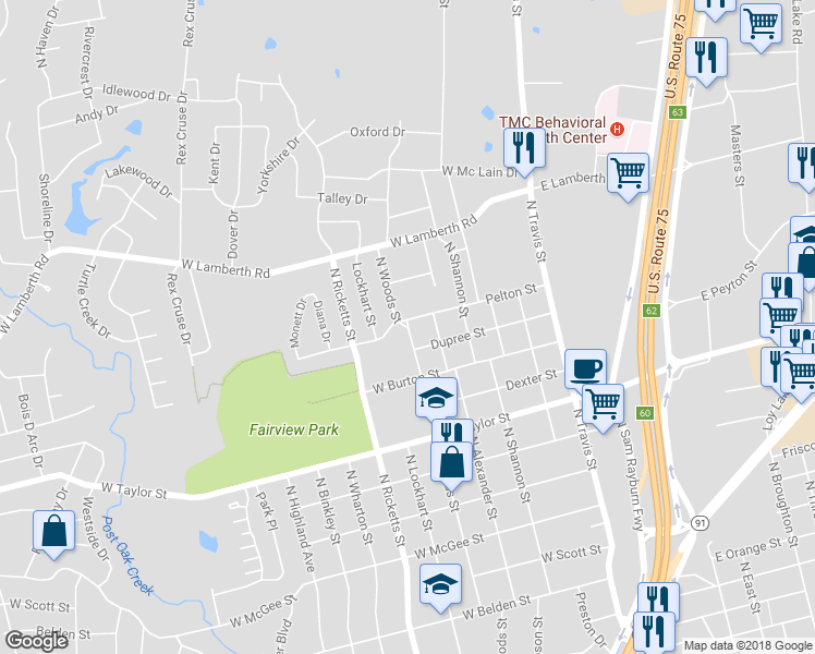 map of restaurants, bars, coffee shops, grocery stores, and more near 2209 North Woods Street in Sherman