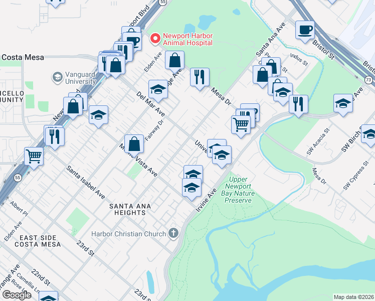 map of restaurants, bars, coffee shops, grocery stores, and more near 308 Alta Lane in Costa Mesa