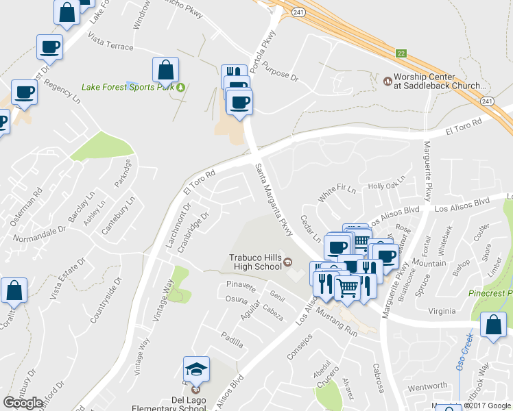 map of restaurants, bars, coffee shops, grocery stores, and more near 21022 North Hampton Way in Lake Forest