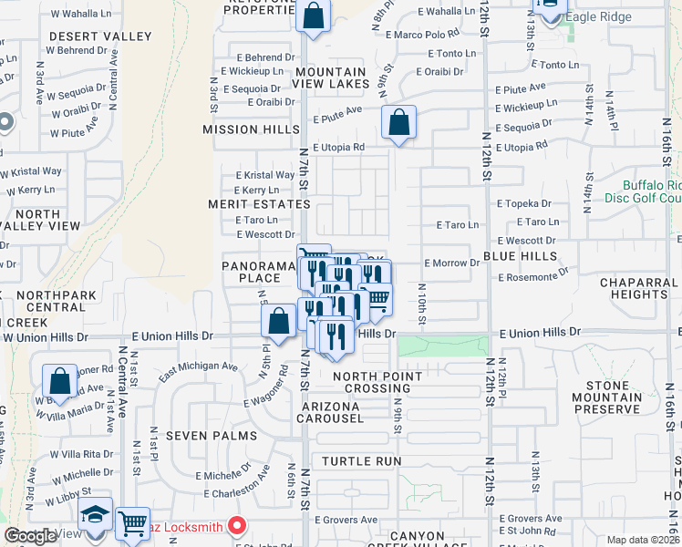 map of restaurants, bars, coffee shops, grocery stores, and more near 754 East Rosemonte Drive in Phoenix