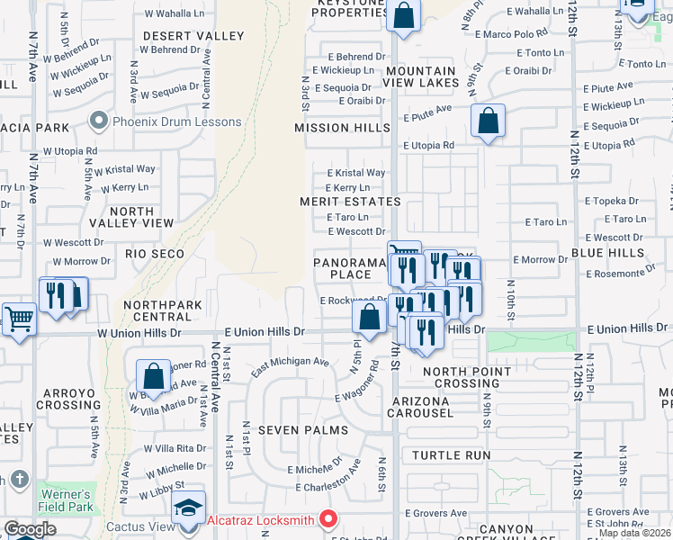 map of restaurants, bars, coffee shops, grocery stores, and more near 442 East Rosemonte Drive in Phoenix