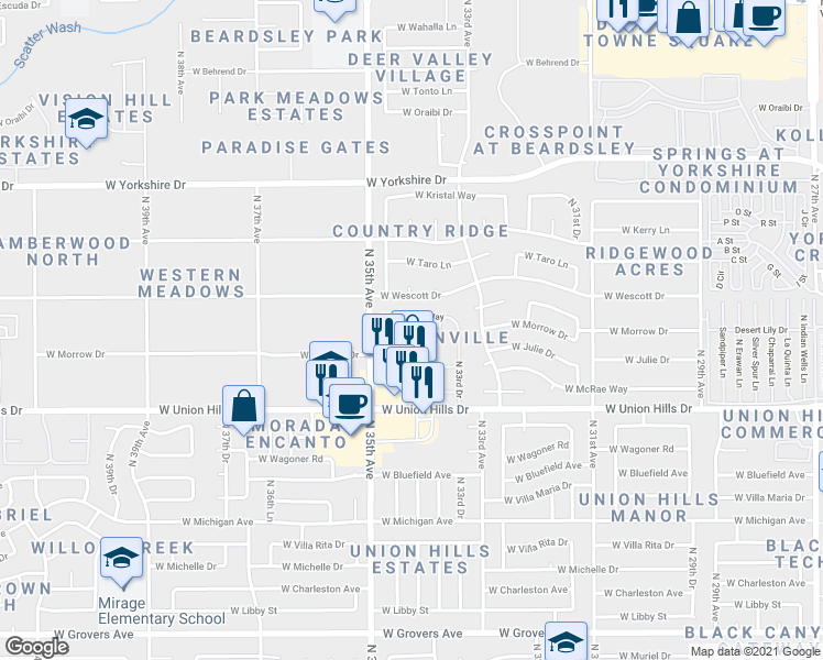 map of restaurants, bars, coffee shops, grocery stores, and more near 3401 West Morrow Drive in Phoenix