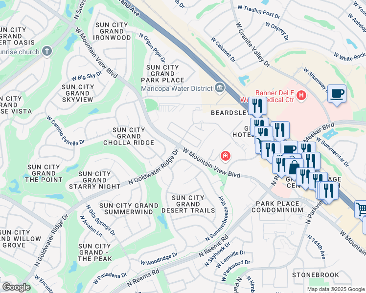 map of restaurants, bars, coffee shops, grocery stores, and more near 19064 North Mira Bello Road in Surprise